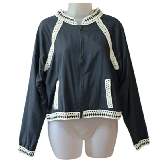 Free People Navy Blue Crochet Trim Zip Front Cropped Bomber Jacket Medium - Picture 2 of 16